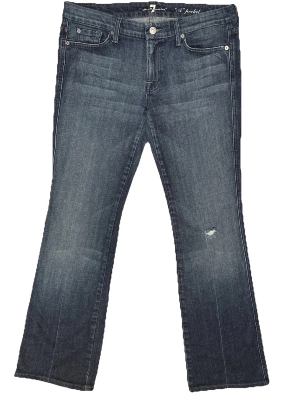 7 For All Mankind A Pocket Flare Mid Rise Jeans Women 32 Blue Distressed Bootcut